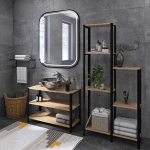 Industrialny regał Dąb Lumberjack Bielony w łazience – stylowe przechowywanie ręczników i dodatków