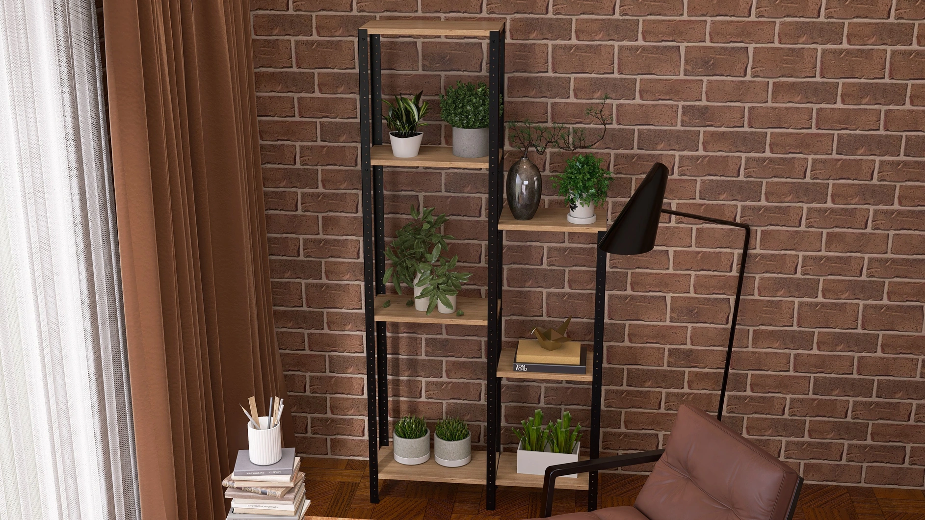 Loftowy regał z półkami Dąb Lumberjack Bielony – ceglana ściana i fotel tworzą idealny kącik czytelniczy