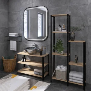 Regał w dekorze Dąb Lumberjack Bielony – praktyczne przechowywanie w industrialnej łazience z lustrem