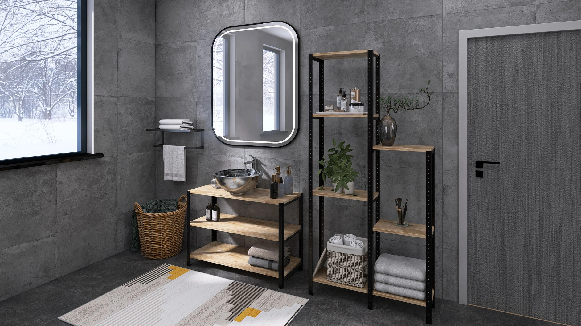 Regał w dekorze Dąb Lumberjack Bielony – praktyczne przechowywanie w industrialnej łazience z lustrem