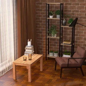 Industrialny regał Dąb Lumberjack Bielony na tle ceglanej ściany – stylowa przestrzeń do przechowywania i ozdób