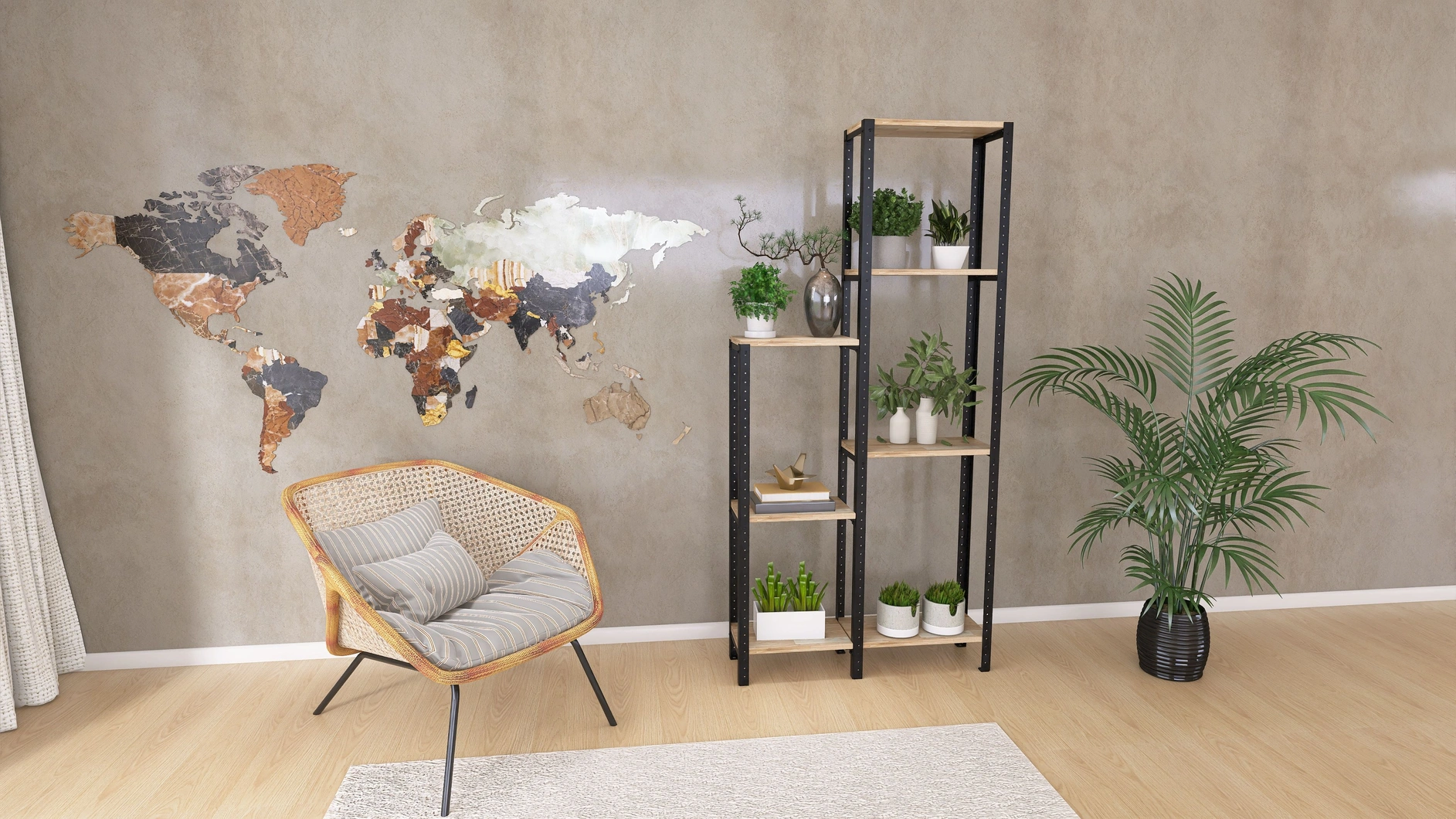 Regał loftowy z półkami w dekorze Dąb Lumberjack Bielony – elegancka ekspozycja roślin i dekoracji w jasnym wnętrzu