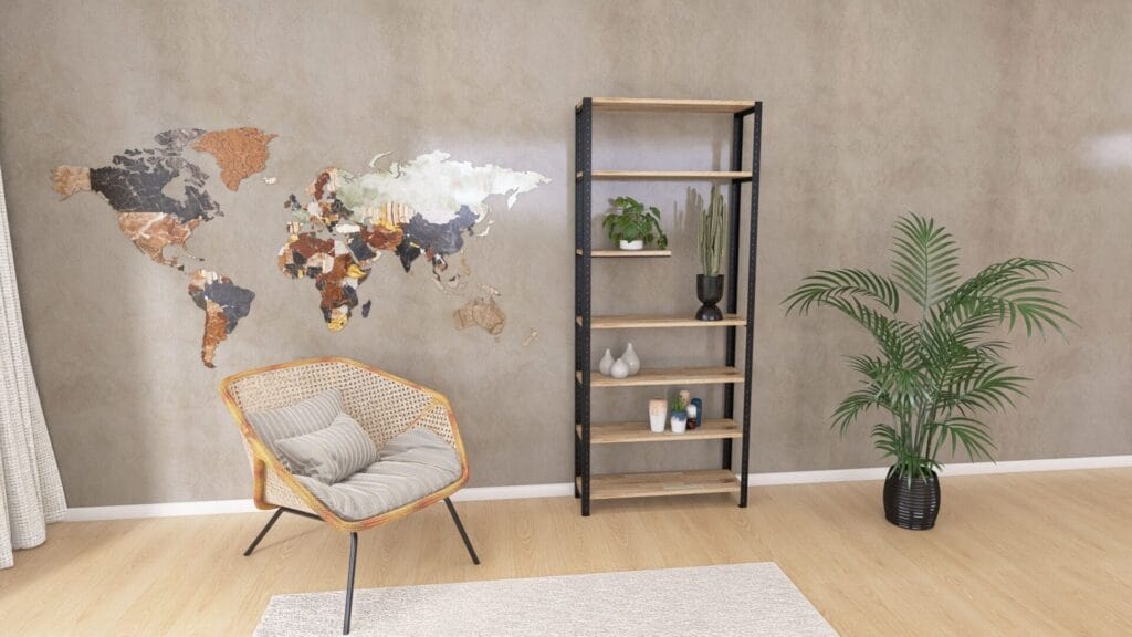 Regał metalowy z półkami Dąb Europejski Rustykalny – styl boho z dekoracją ścienną i rośliną doniczkową, idealny do salonu lub sypialni