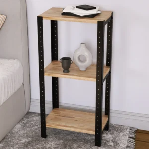 Zbliżenie na regał 40x25x82 – półki z litego drewna dębowego i stalowy stelaż