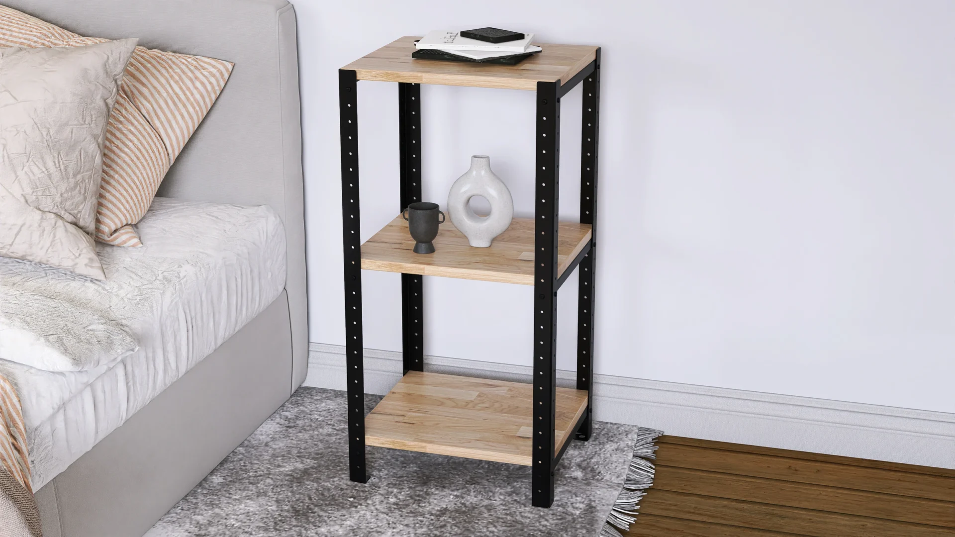 Zbliżenie na regał 40x35x82 – detal półki i stalowej konstrukcji