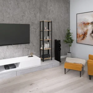 Regał 40x25x154 z półkami z litego dębu w stylu rustykalnym – aranżacja salonu z telewizorem