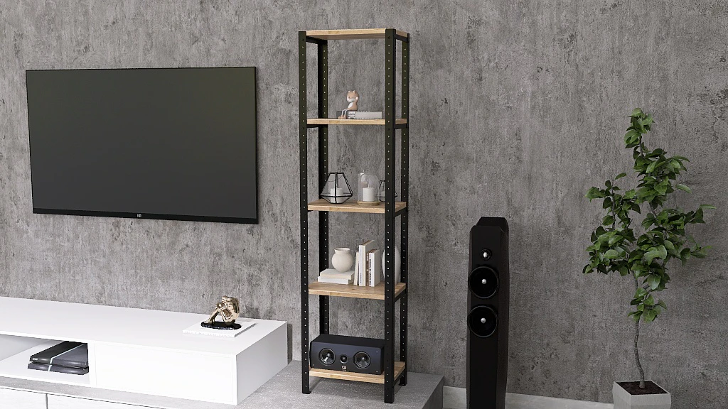 Zbliżenie na regał 40x25x154 – naturalna struktura drewna i stalowa rama