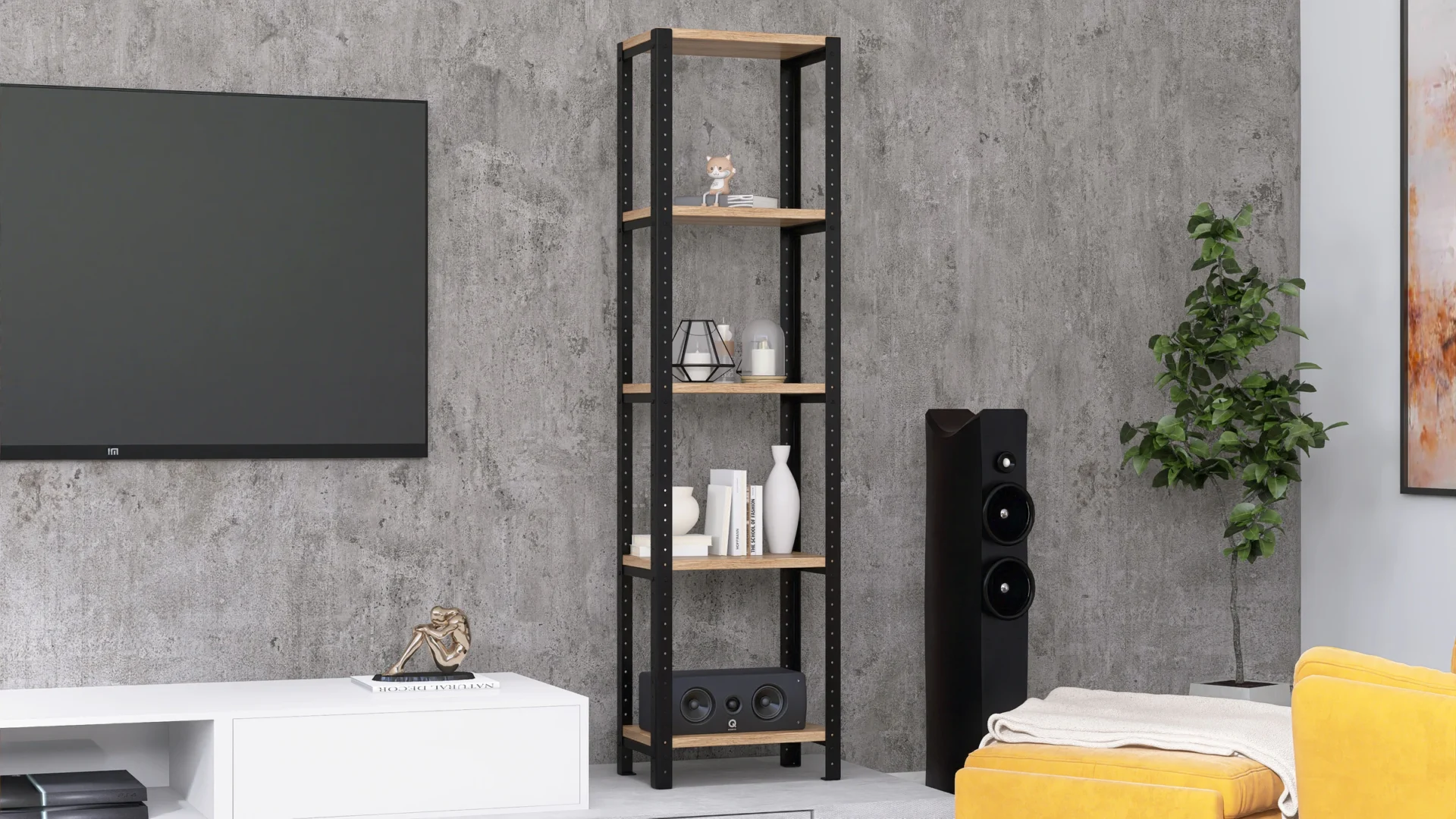 Regał z płyty meblowej Dąb Dziki – zbliżenie na półki w eleganckim, loftowym wnętrzu