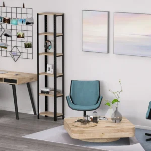 Wysoki regał 40x25x190 z dębowymi półkami w jasnym wnętrzu – idealny na książki i dekoracje