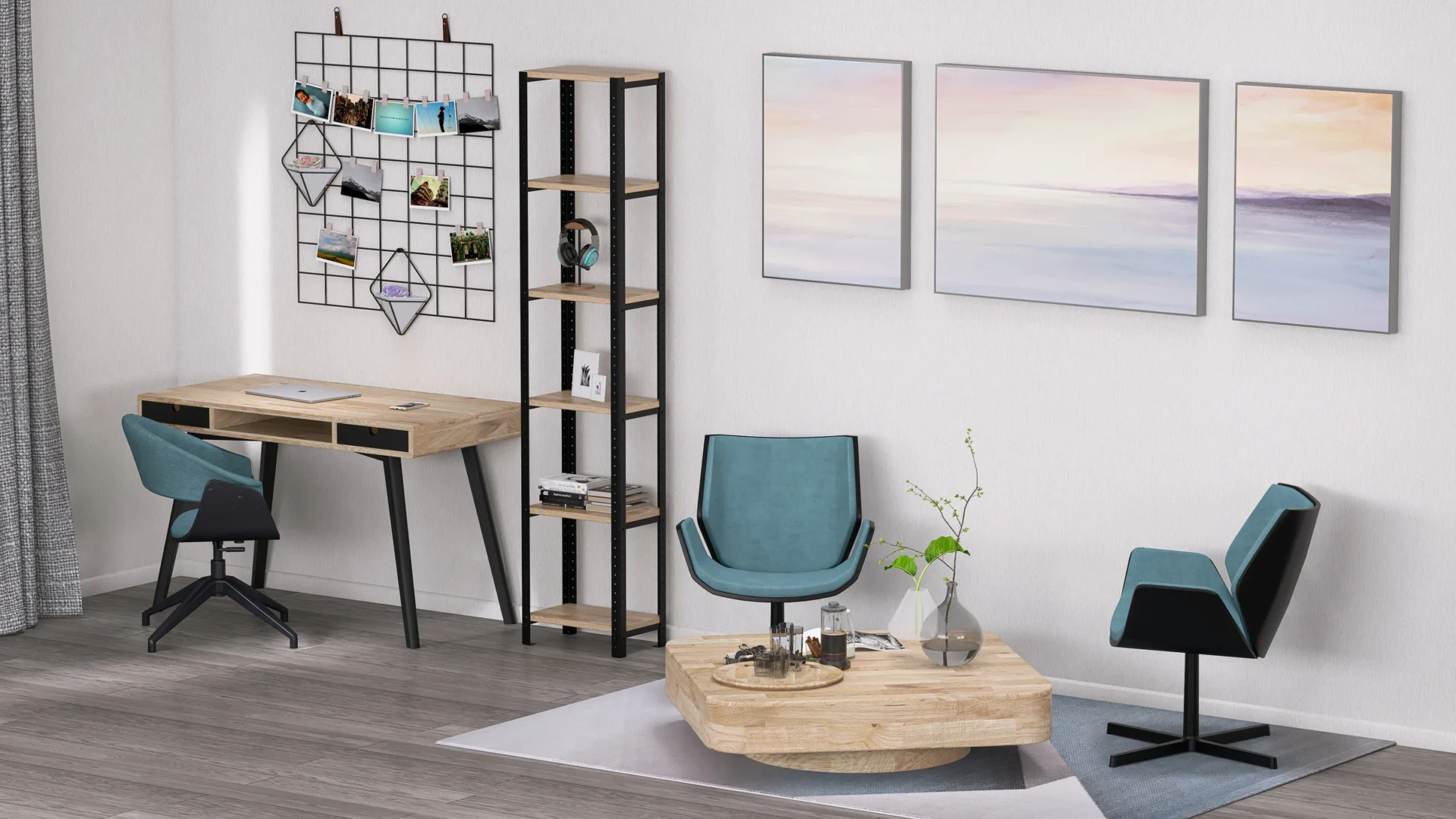 Wysoki regał 40x25x190 z dębowymi półkami w jasnym wnętrzu – idealny na książki i dekoracje