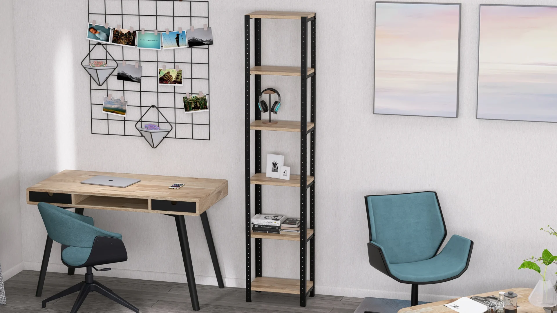 Regał loftowy 40x25x190 w dekorze Dąb Europejski Rustykalny – detal wnętrza z biurkiem i krzesłem