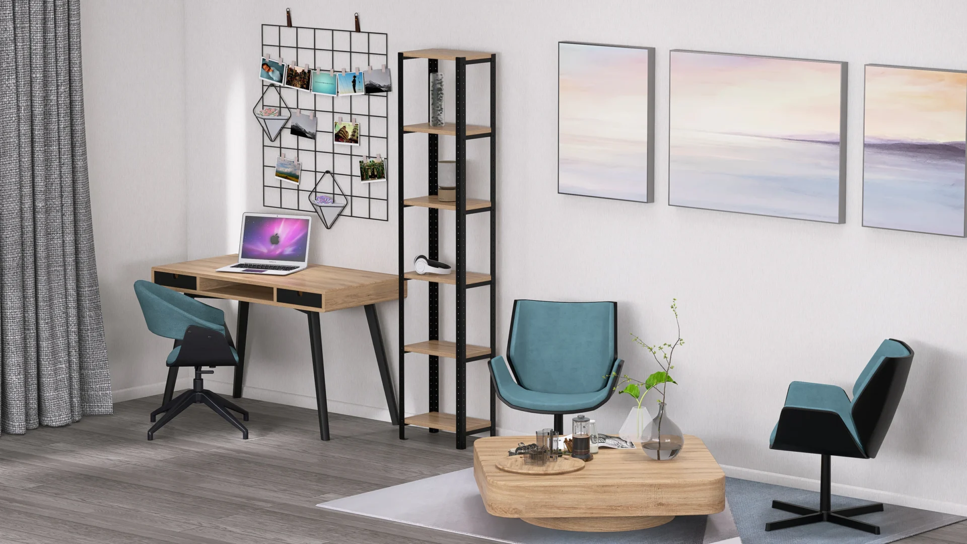 Regał metalowy z półkami Dąb Dziki – stylowy dodatek do jasnego salonu z pastelowymi meblami