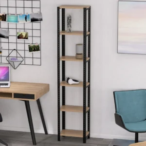 Zbliżenie na regał z półkami z płyty meblowej Dąb Dziki – detal wykończenia i struktury materiału