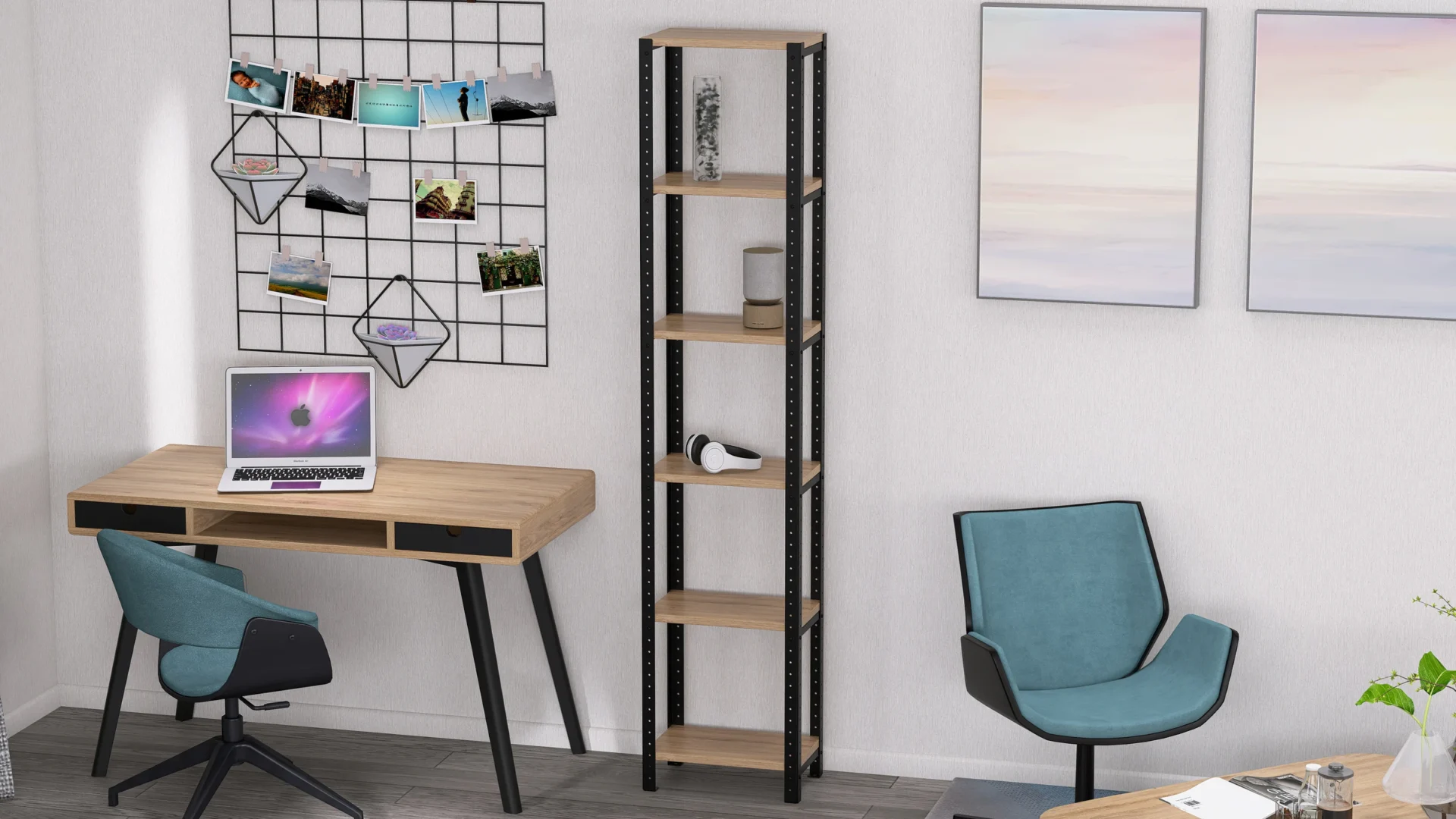 Zbliżenie na regał z półkami z płyty meblowej Dąb Dziki – detal wykończenia i struktury materiału