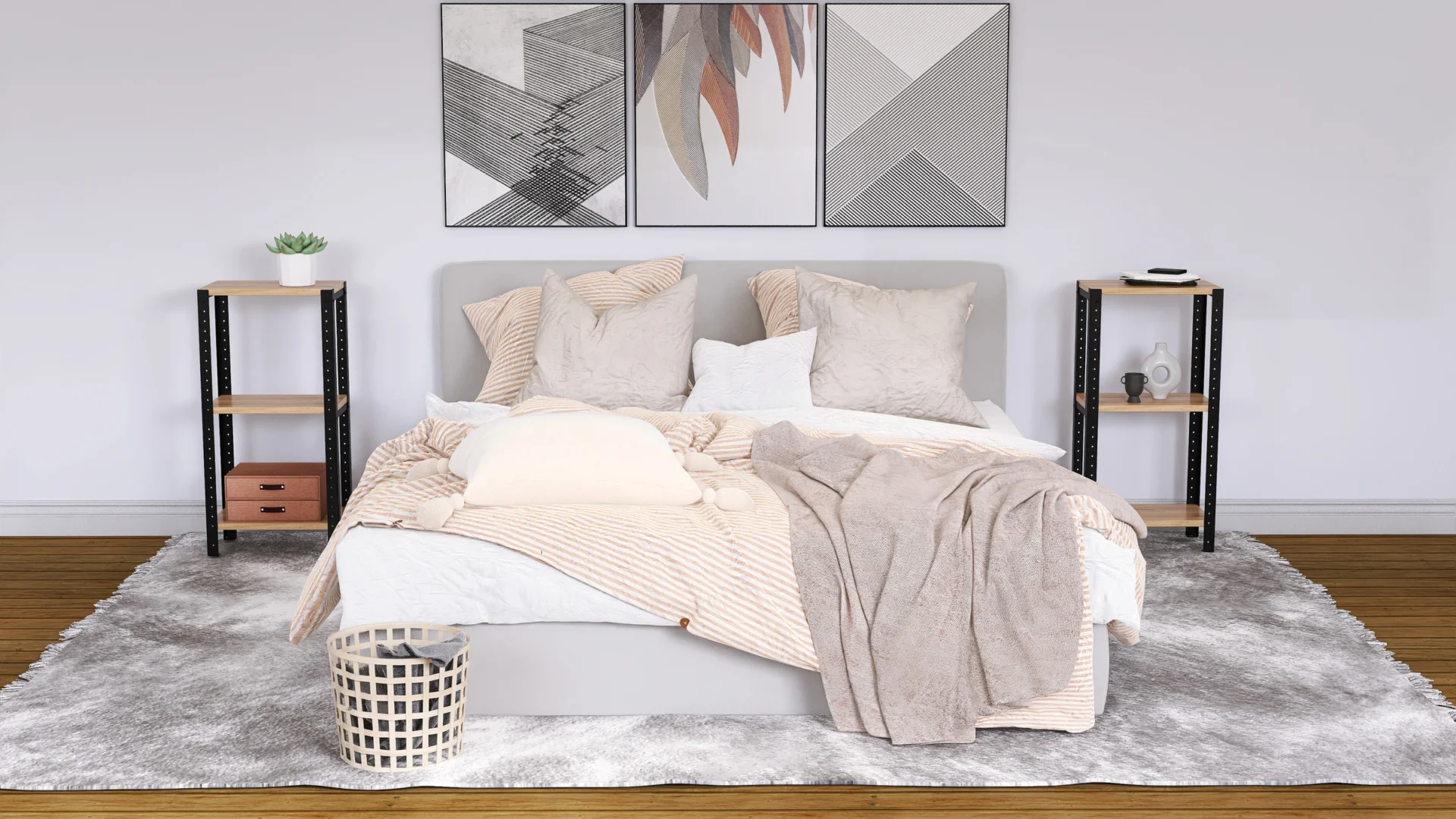 Niski regał z płyty Dąb Dziki – aranżacja w sypialni z jasną pościelą i miękkimi tekstyliami