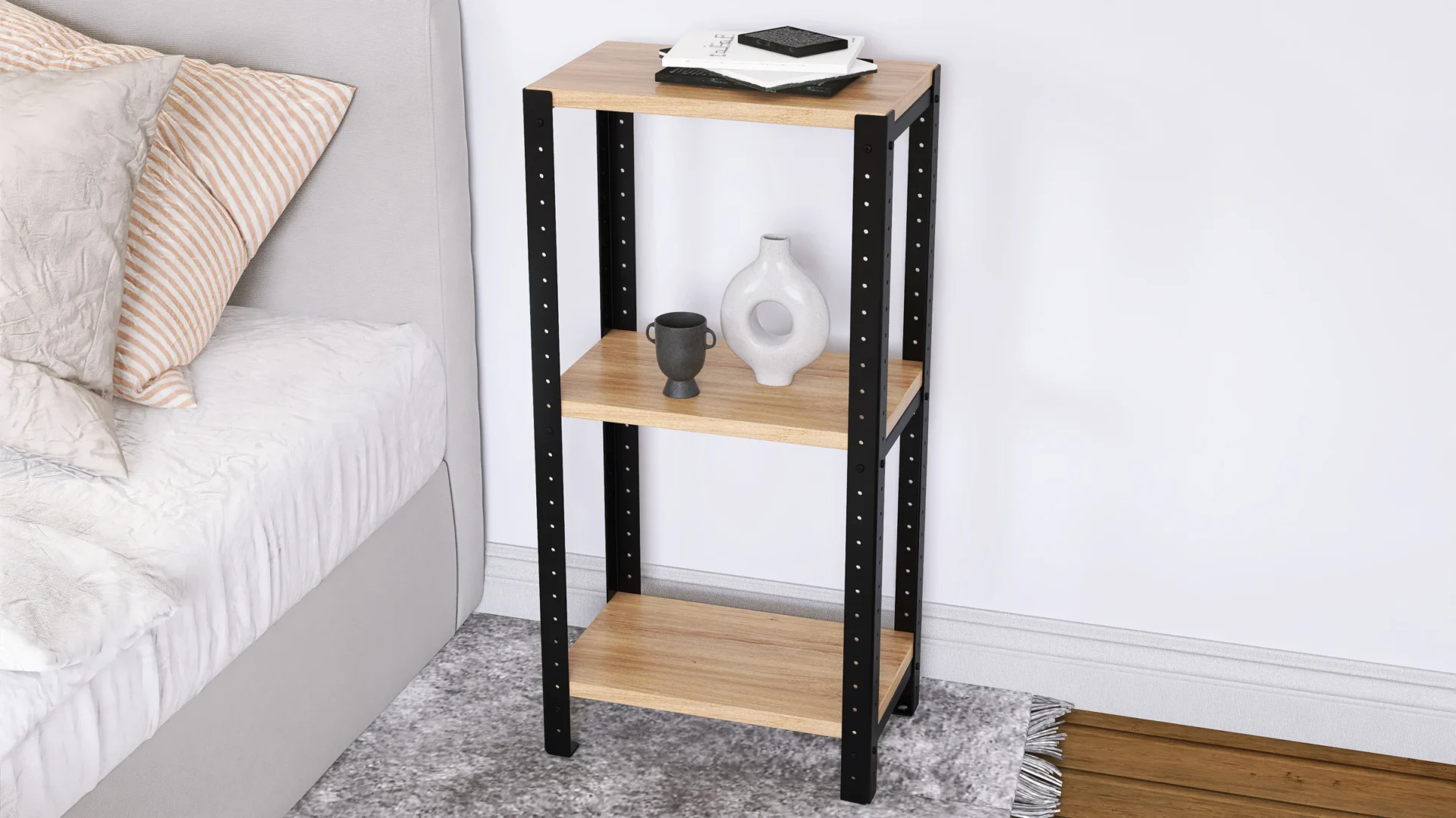 Zbliżenie na niski regał loftowy – płyta meblowa w dekorze Dąb Dziki z detalami stalowej konstrukcji