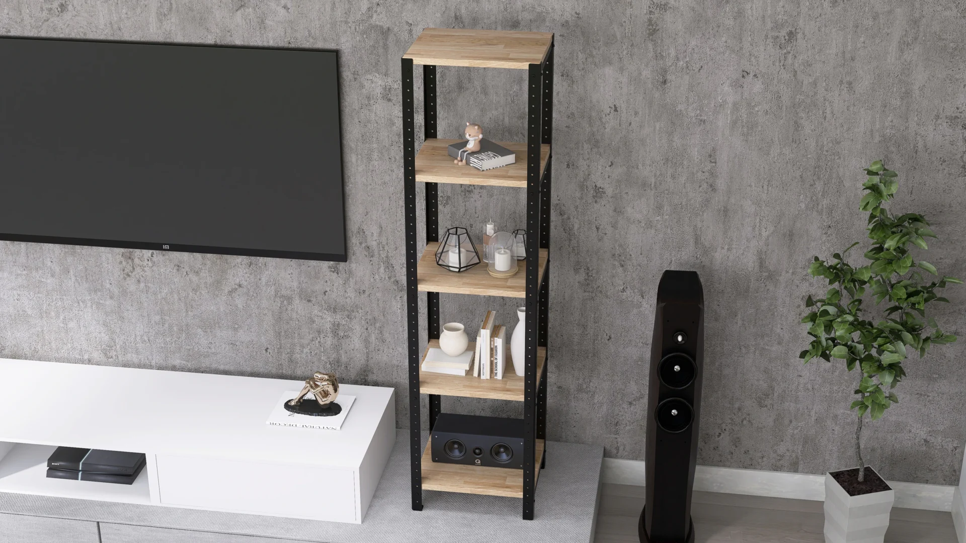 Zbliżenie na regał 40x35x154 – naturalne usłojenie drewna i stalowe profile