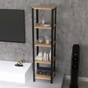 Zbliżenie na regał Modiloft 40x35x154 – płyta meblowa Dąb Dziki, czarna stalowa rama