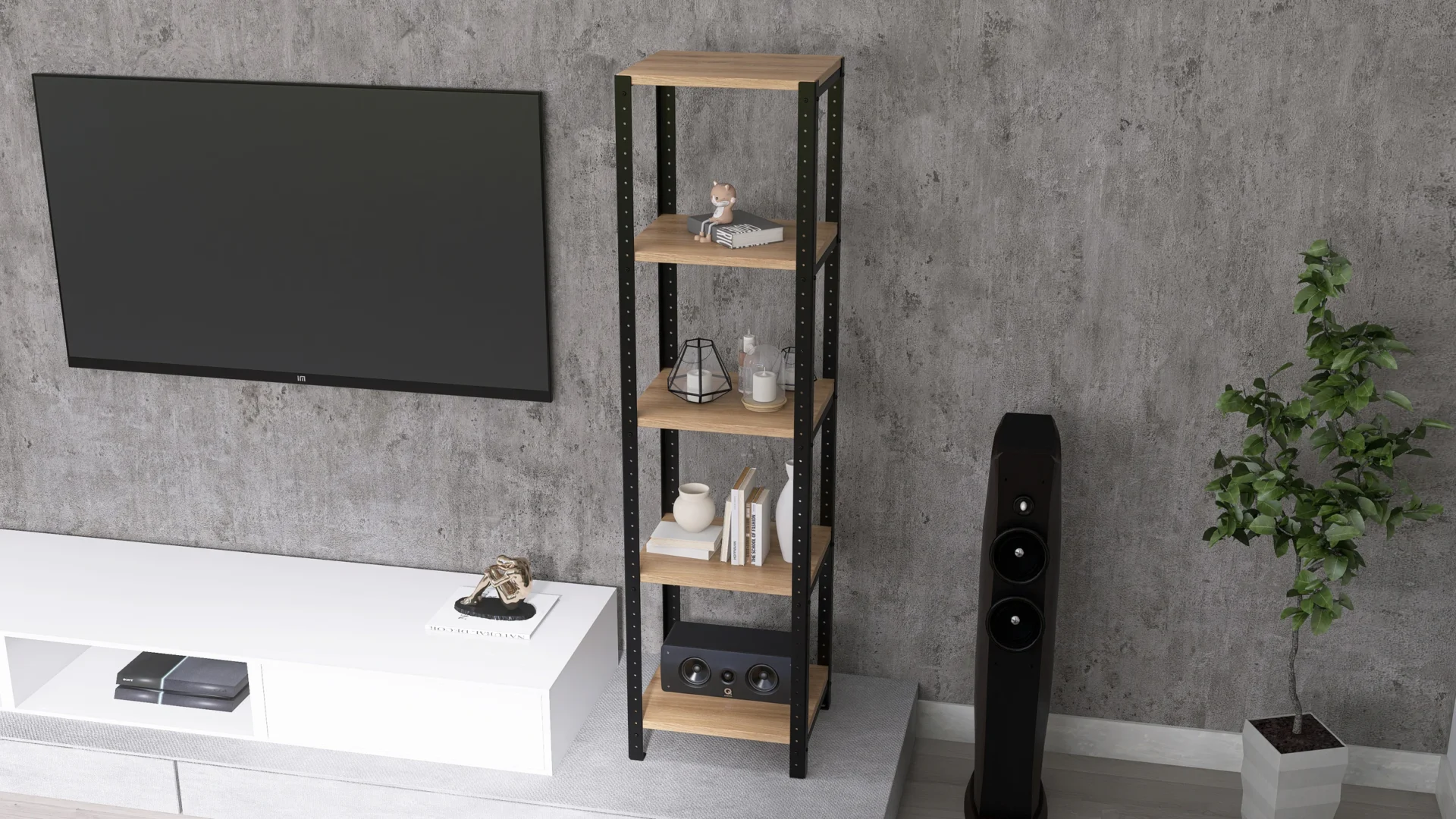 Zbliżenie na regał Modiloft 40x35x154 – płyta meblowa Dąb Dziki, czarna stalowa rama