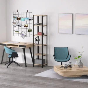 Wysoki regał 40x35x190 – drewniane półki z litego dębu i industrialna konstrukcja w jasnym wnętrzu