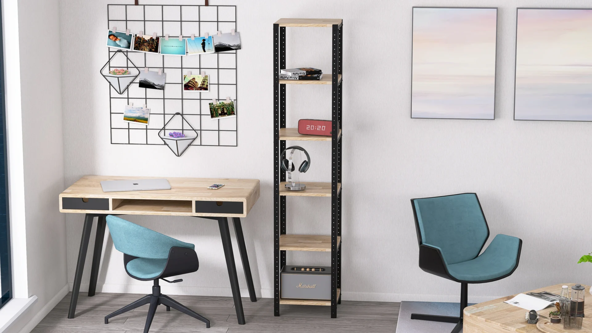 Zbliżenie na regał 40x35x190 – półki z litego dębu w rustykalnym klimacie domowego biura