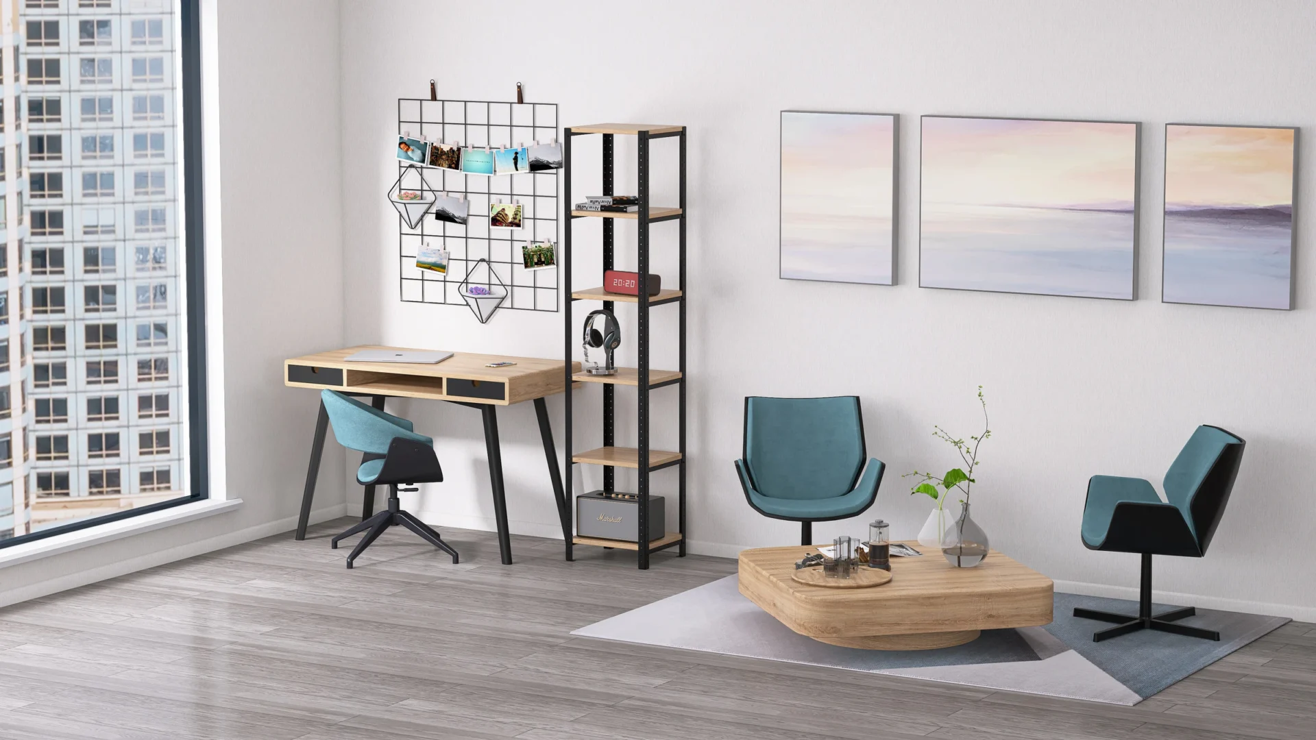 Regał 40x35x190 z płyty Dąb Dziki – aranżacja w jasnym biurze w stylu loftowym