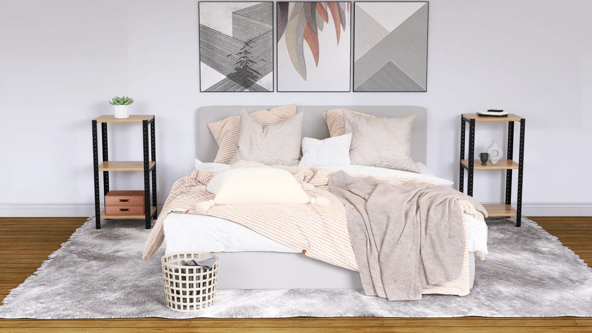 Niski regał 40x35x82 z płyty Dąb Dziki – aranżacja w sypialni, nowoczesny styl z akcentami drewna