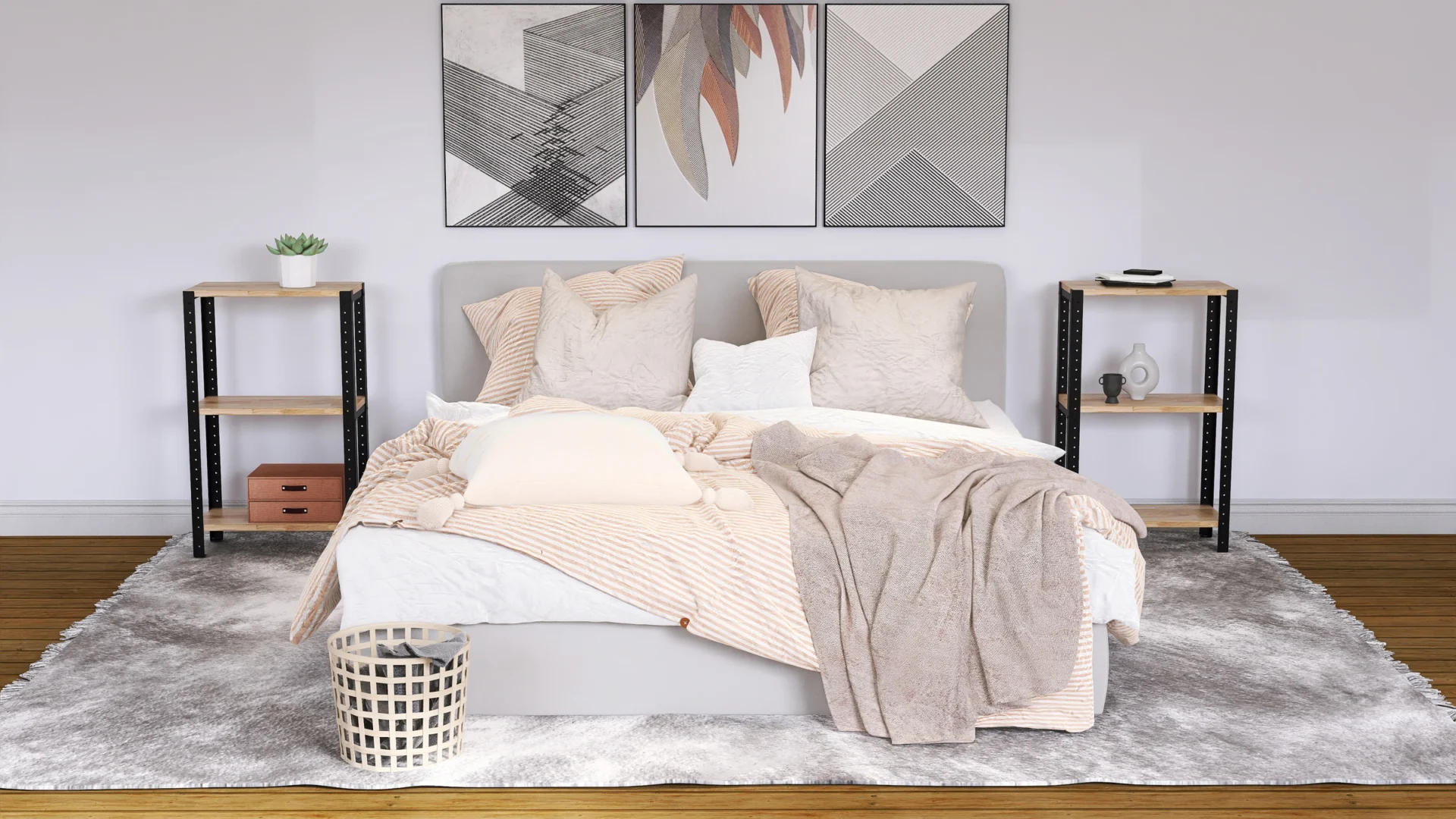 Niski regał 50x25x82 w sypialni – drewniane półki z litego dębu i stalowy stelaż