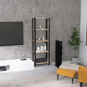 Regał 50x25x154 w aranżacji salonu – industrialna estetyka i naturalne drewno