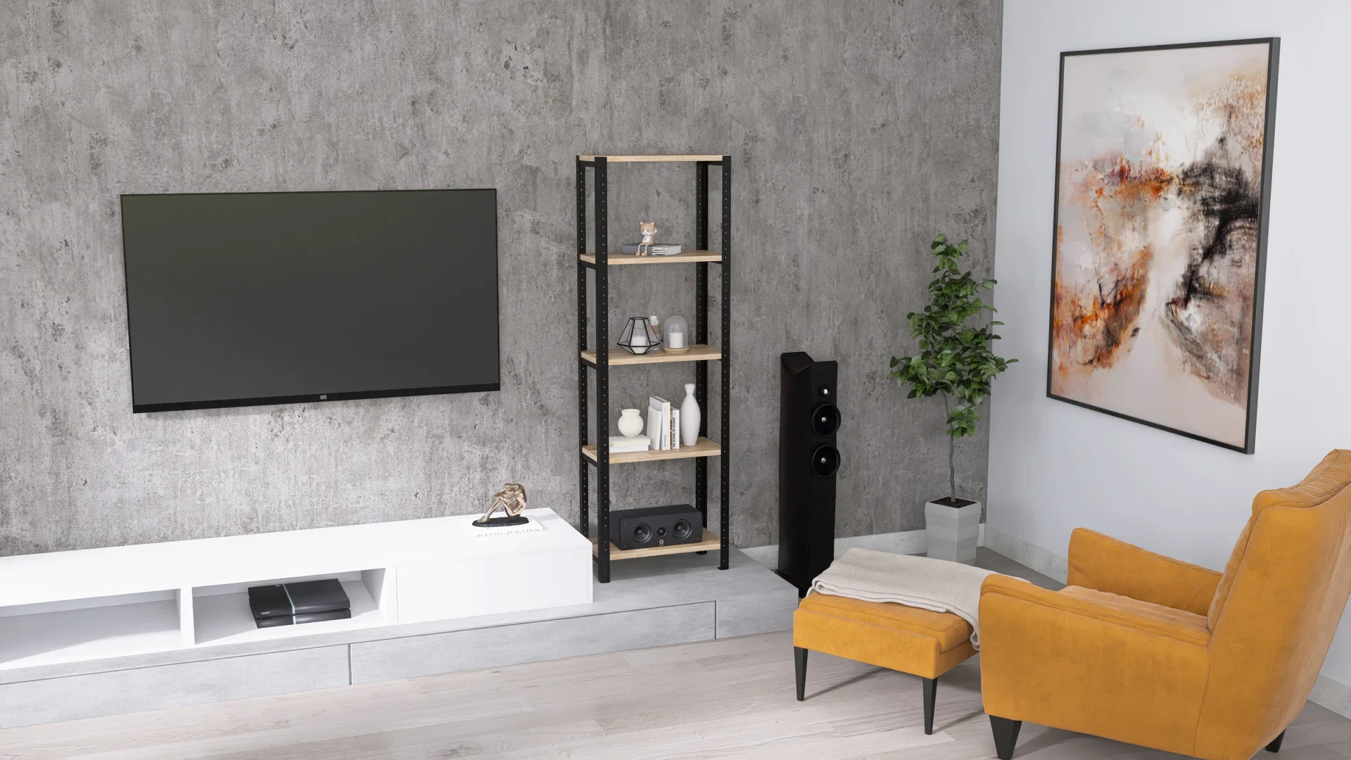 Regał 50x25x154 w aranżacji salonu – industrialna estetyka i naturalne drewno