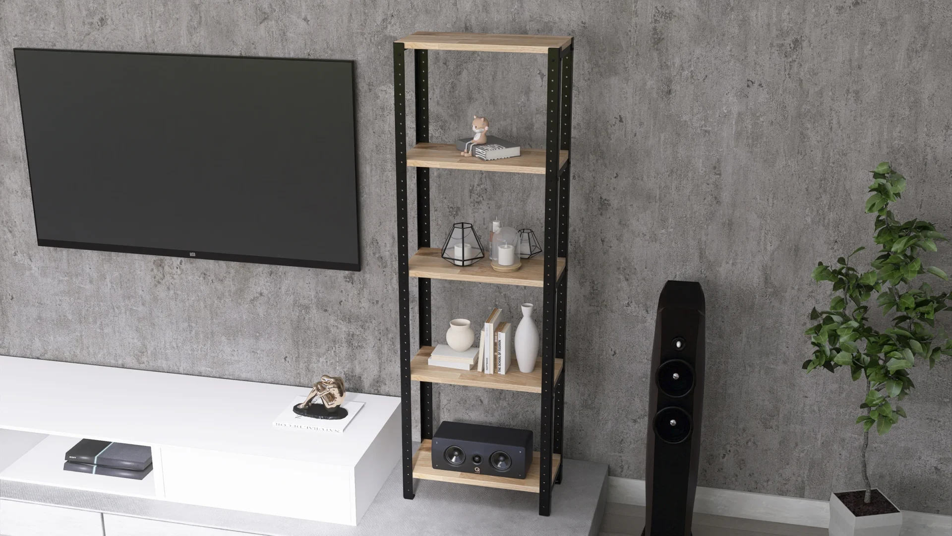 Zbliżenie na regał 50x25x154 – kontrast między czarną stalą a ciepłym drewnem dębowym