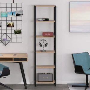 Zbliżenie na regał Modiloft 50x25x190 – półki z płyty Dąb Dziki, czarne profile stalowe