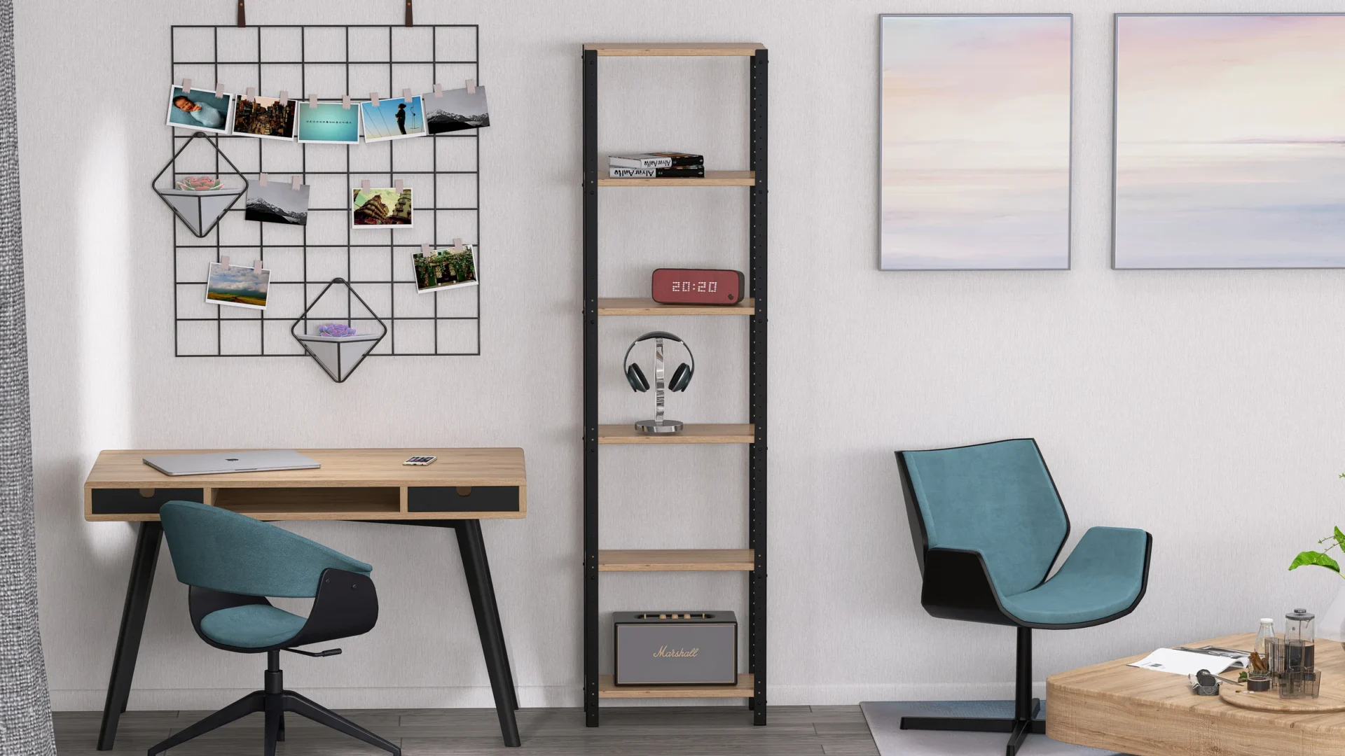 Zbliżenie na regał Modiloft 50x25x190 – półki z płyty Dąb Dziki, czarne profile stalowe