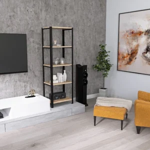 Regał 50x35x154 – elegancka aranżacja salonu z akcentem loftowym