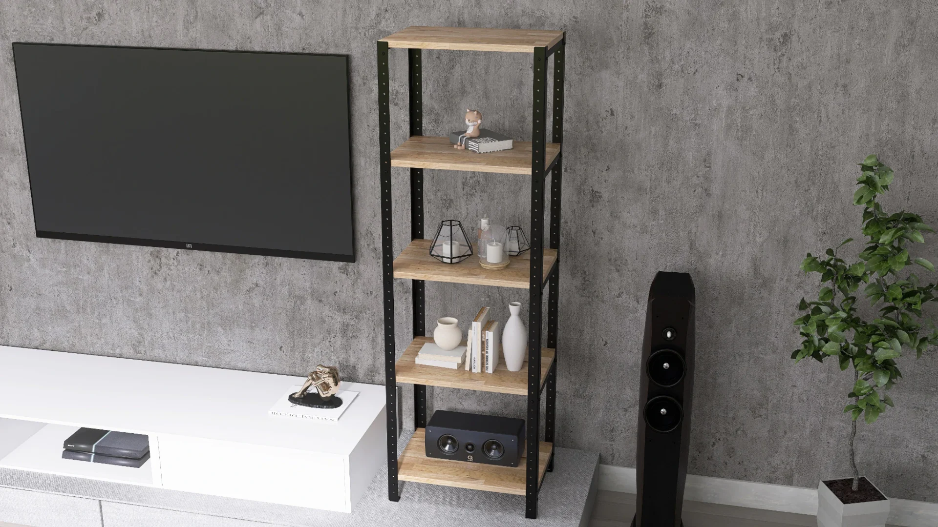 Zbliżenie na regał 50x35x154 – połączenie czarnego metalu i rustykalnego drewna