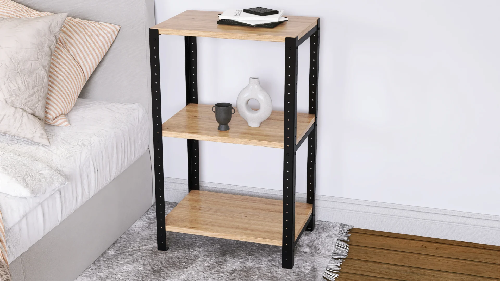 Zbliżenie na regał 50x35x82 – płyta Dąb Dziki w wersji z pogrubionym obrzeżem i matową stalą