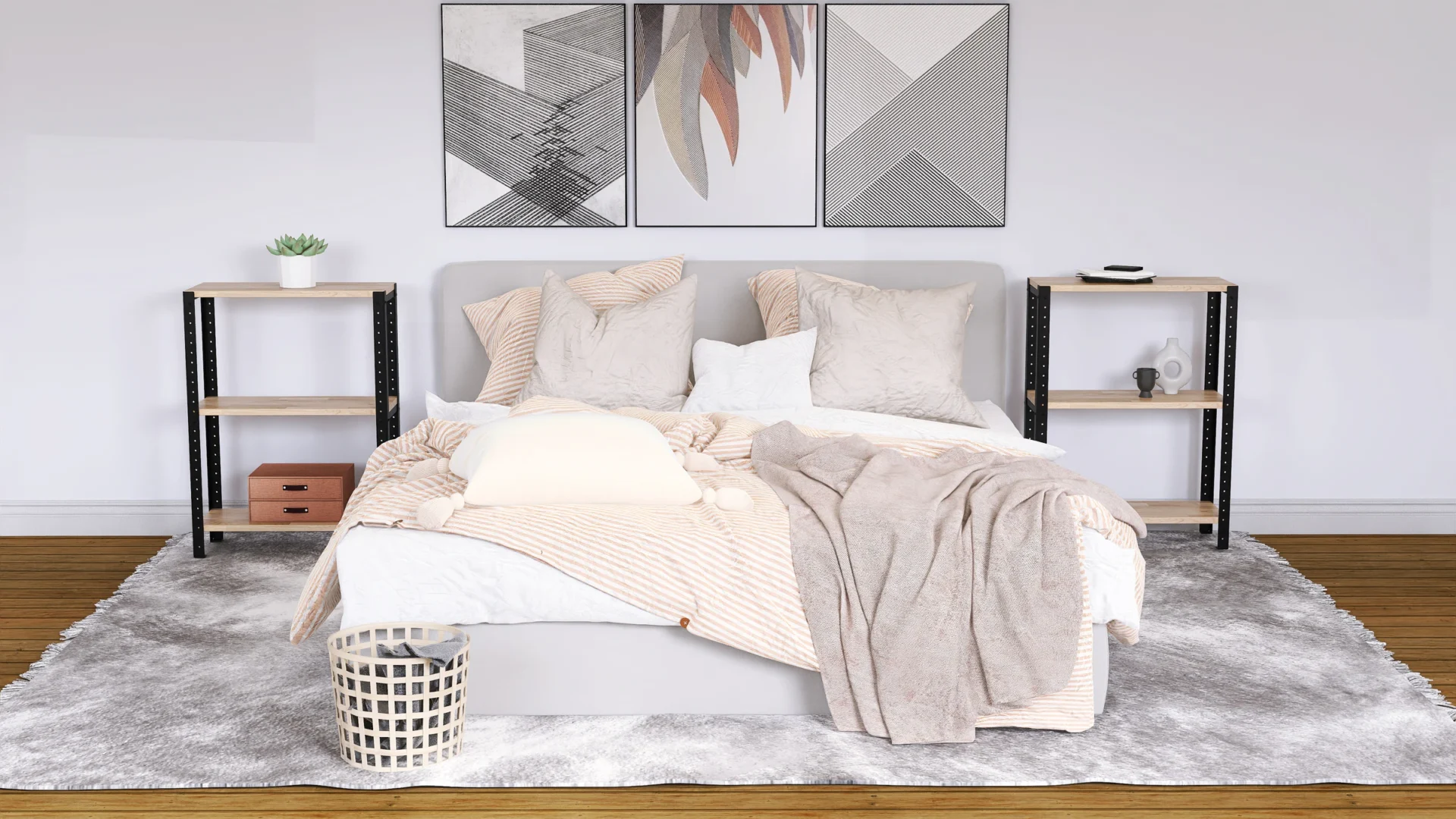 Regał 60x25x82 w aranżacji sypialni – niska półka loftowa jako stolik nocny z naturalnym dekorem drewna