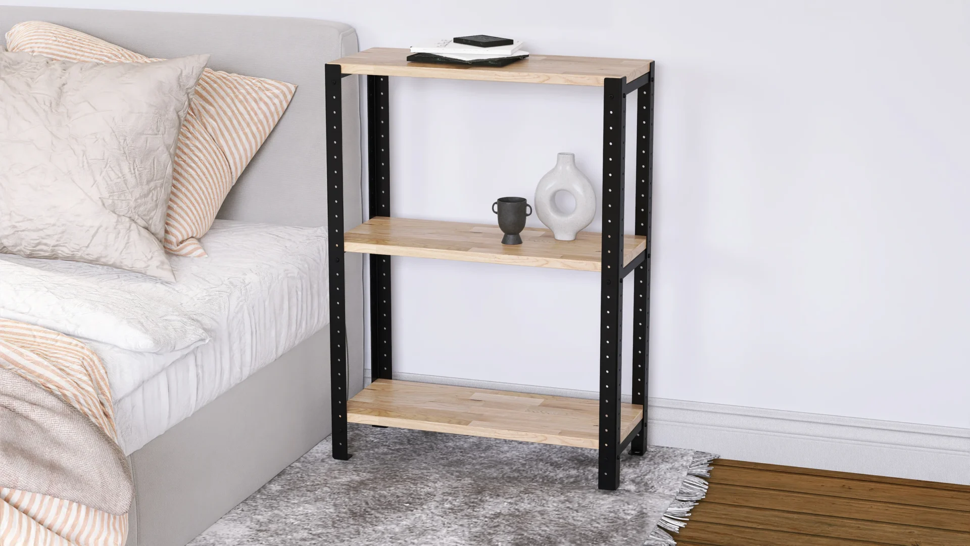 Zbliżenie detalu regału 60x25x82 – minimalistyczny mebel z półkami z dębu rustykalnego i stalową ramą