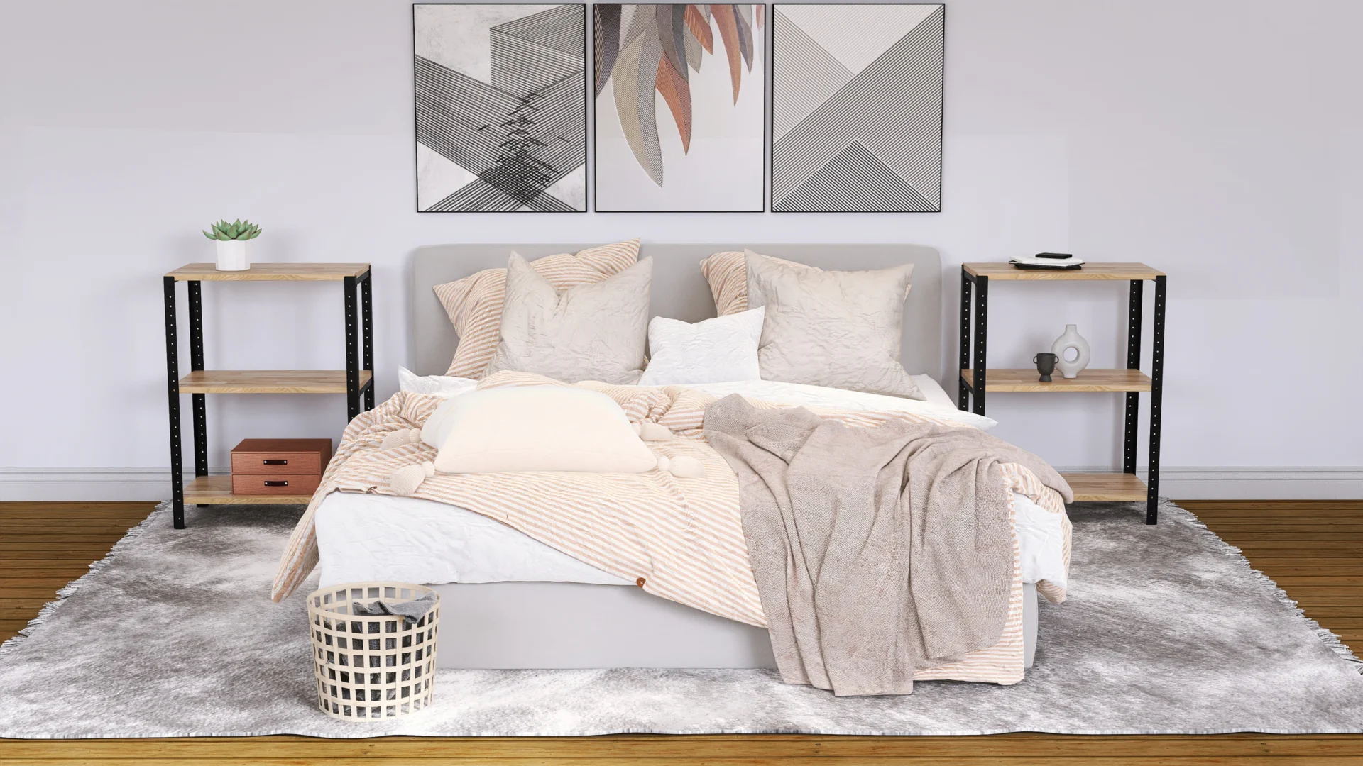 Regał 60x35x82 w aranżacji sypialni – niski regał z półkami rustykalnymi i czarnym stelażem stalowym