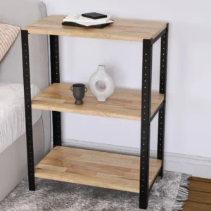 Widok szczegółowy regału 60x35x82 – metalowy stelaż z ozdobnym mocowaniem i półkami z naturalnego drewna