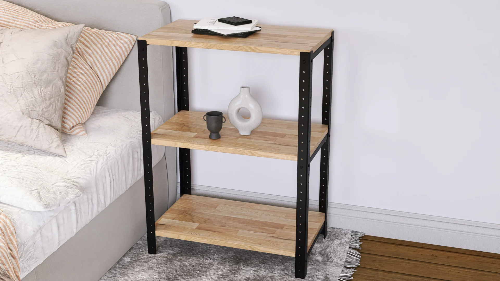 Widok szczegółowy regału 60x35x82 – metalowy stelaż z ozdobnym mocowaniem i półkami z naturalnego drewna