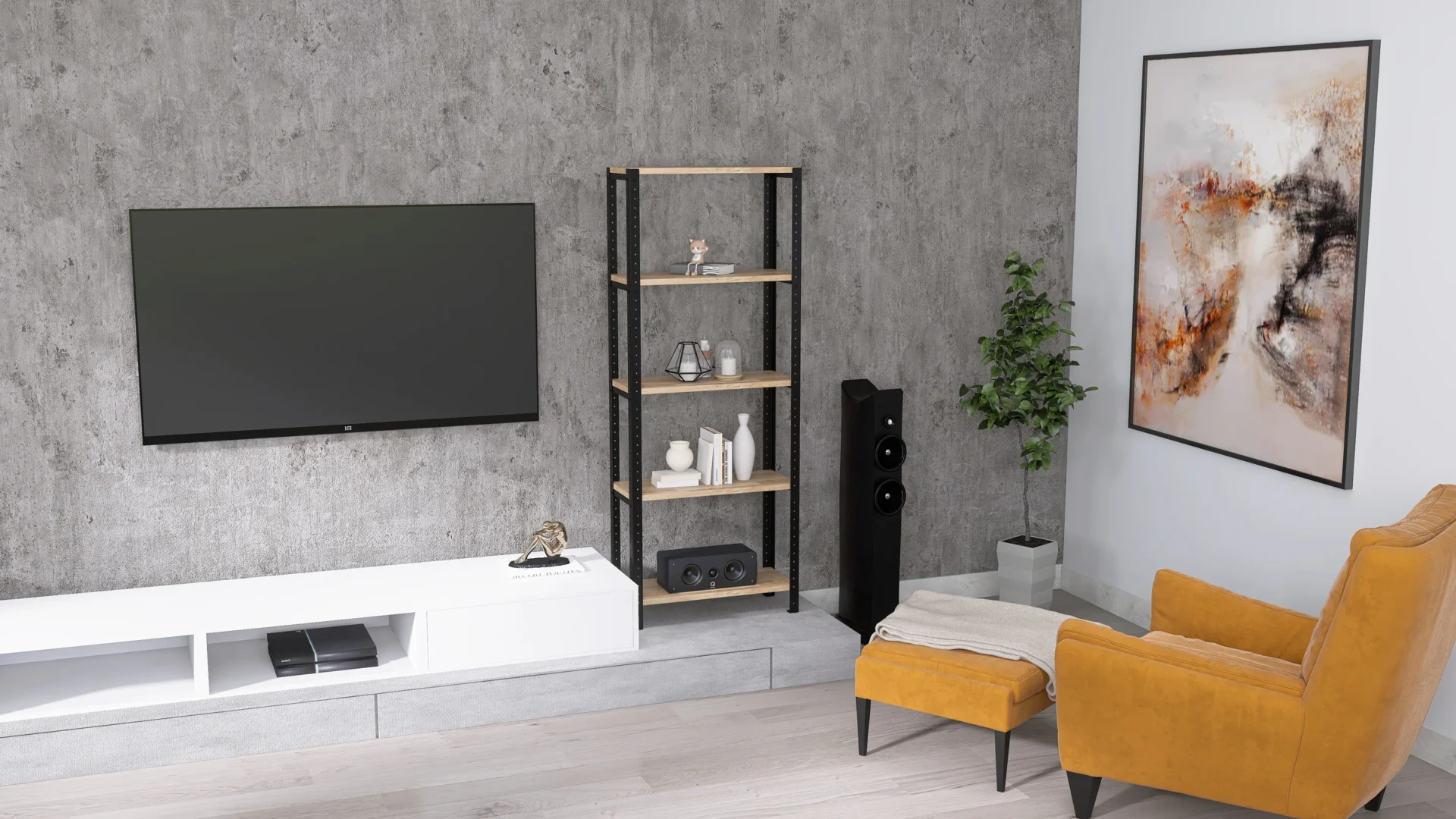 Regał 60x25x154 – w aranżacji salonu, idealny na dekoracje i sprzęt RTV