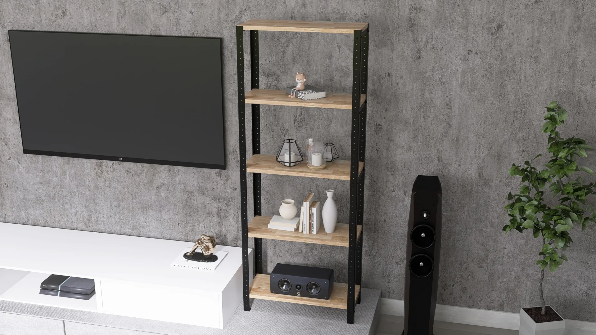 Zbliżenie na regał 60x25x154 – smukła forma i elegancki rustykalny charakter