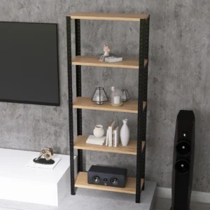 Zbliżenie na regał 60x25x154 – detal wykonania stalowego stelaża i płyty Dąb Dziki