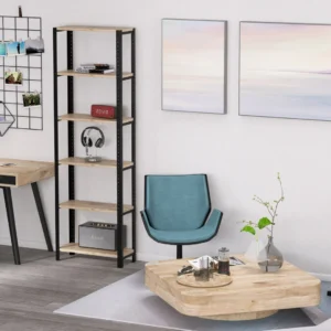 Regał 60x25x190 – w jasnym wnętrzu biurowym, z półkami na książki i dodatki