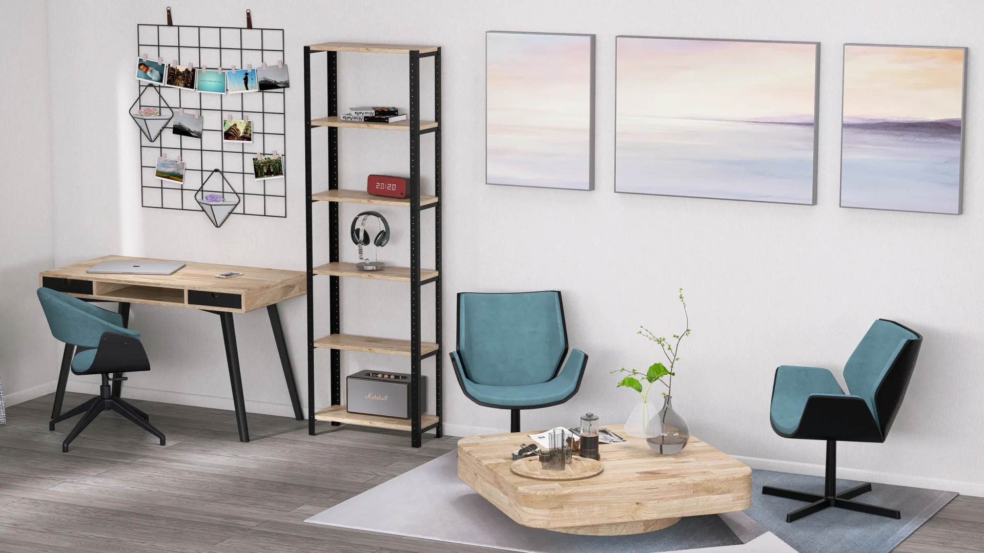 Regał 60x25x190 – w jasnym wnętrzu biurowym, z półkami na książki i dodatki