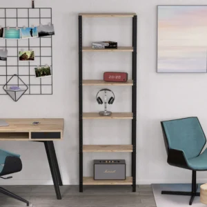 Zbliżenie na regał 60x25x190 – półki z litego drewna dębowego, idealne do ekspozycji książek i ozdób w domowym biurze