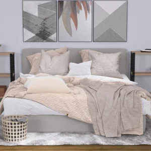 Regał 60x25x82 Dąb Dziki – niska wersja regału w przytulnej sypialni z dywanem