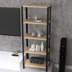 Zbliżenie na regał 60x35x154 – solidna konstrukcja stalowa z naturalnymi półkami z drewna dębowego