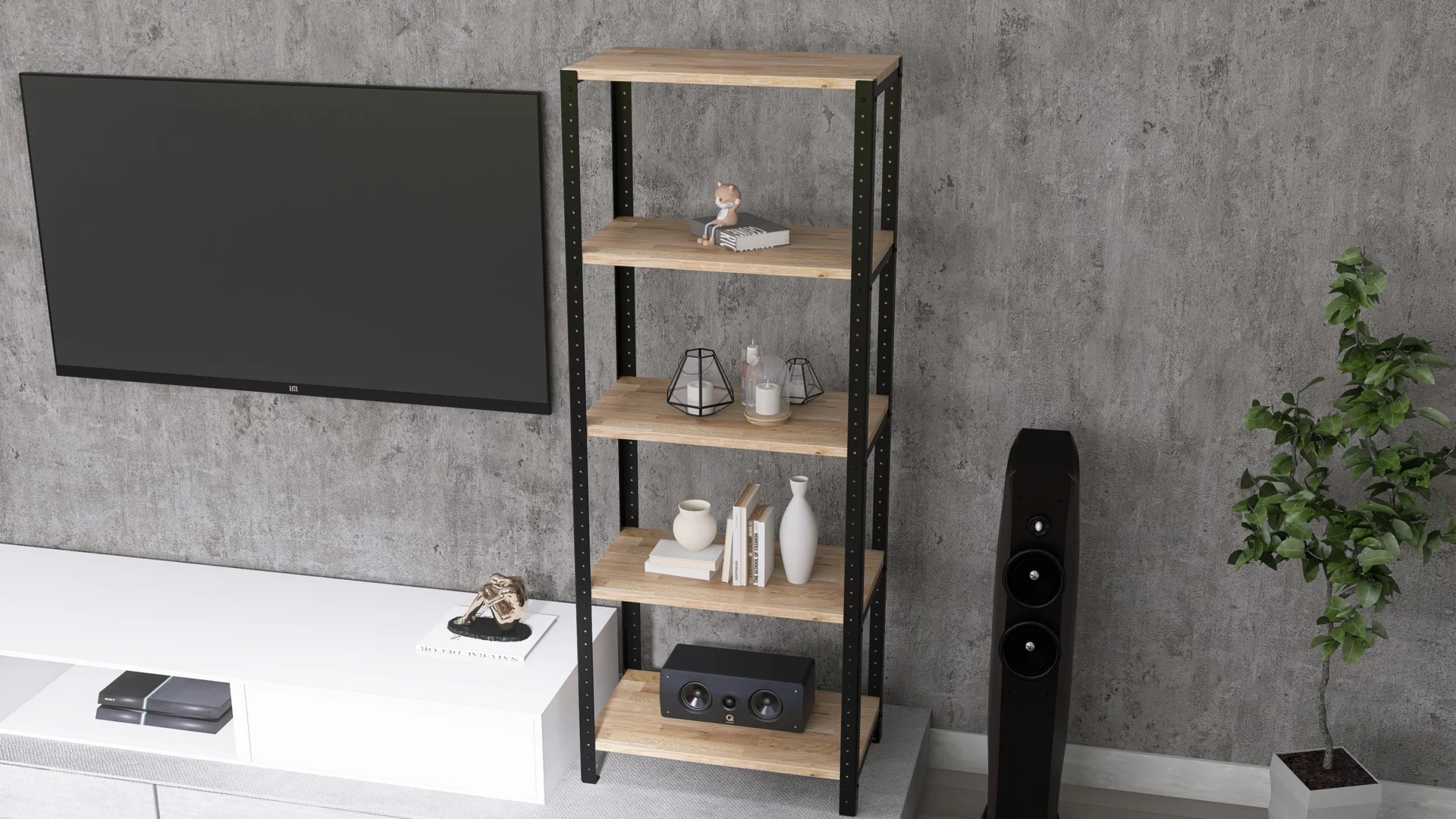 Zbliżenie na regał 60x35x154 – solidna konstrukcja stalowa z naturalnymi półkami z drewna dębowego